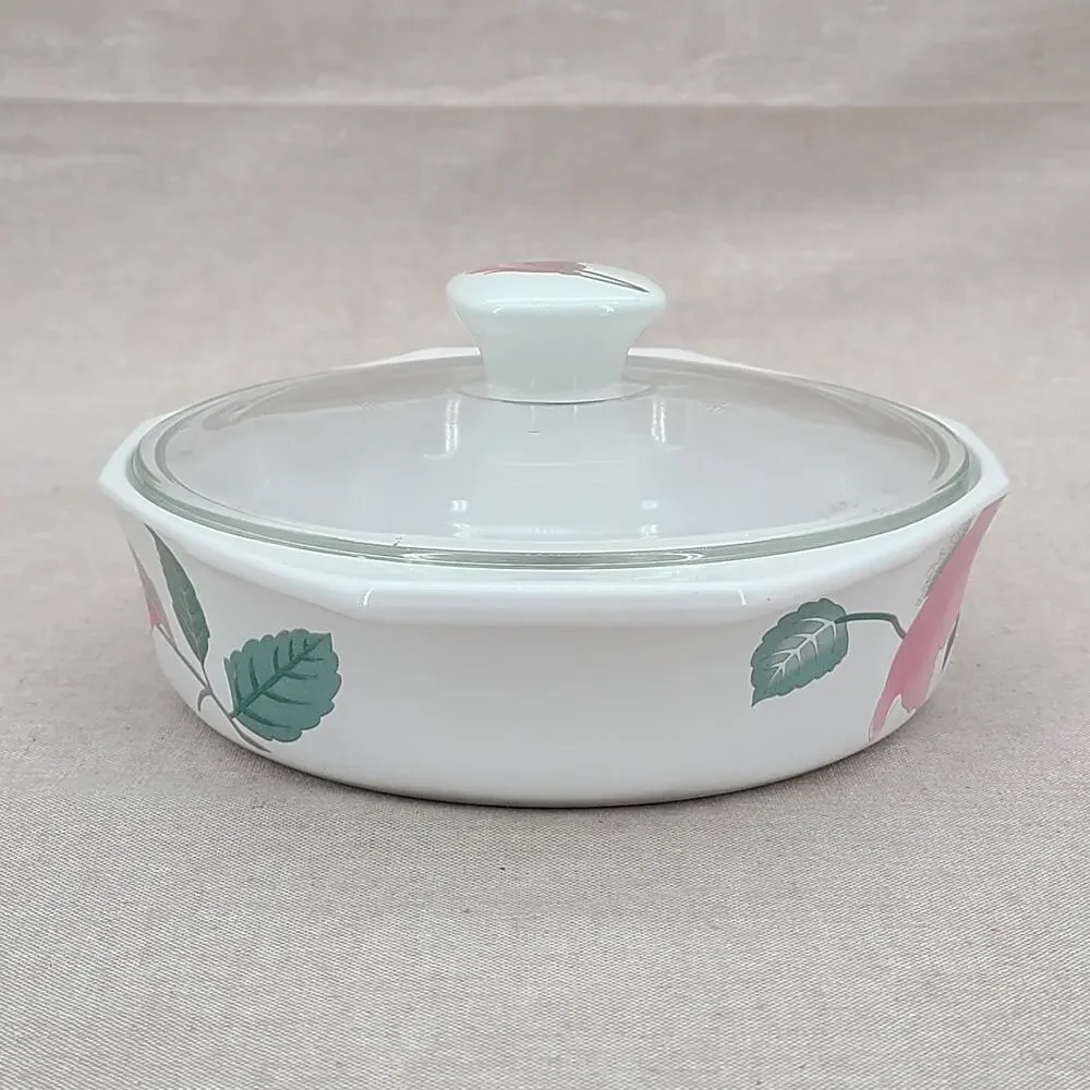 Vtg Mikasa Fire & Ice Silk Flowers Covered Casserole Dish 80's Glass Lid AA009